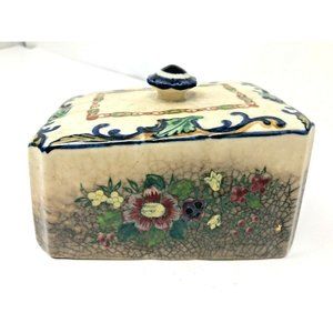 Antique Butter Dish Cover ONLY Handpainted Heavy Crazing Floral Leaf Motif